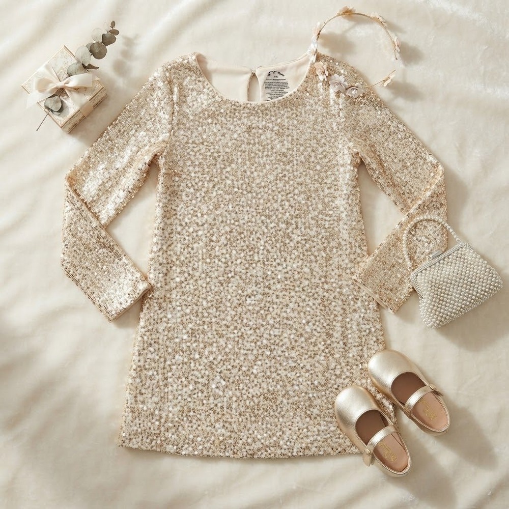 Art Class Girls Gold Sequin Long Sleeve Shift Dress Size M 8 Holiday Party Glam
